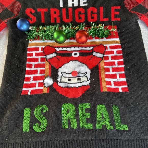 Santa Struggle is Real Ugly Christmas Sweater‎ Fireplace Plaid M (7-9) - Picture 2 of 7
